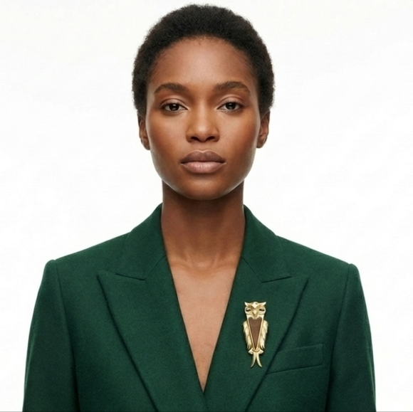 Jewelry - Vintage Goldtone Owl Brooch Leather Accent